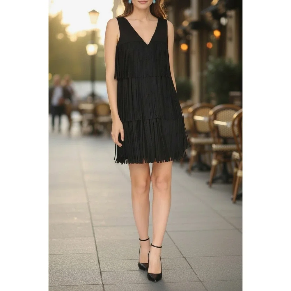 Avec Les Filles Fringe‎ Dress sz 8 Black Faux Suede Tiered western coachella